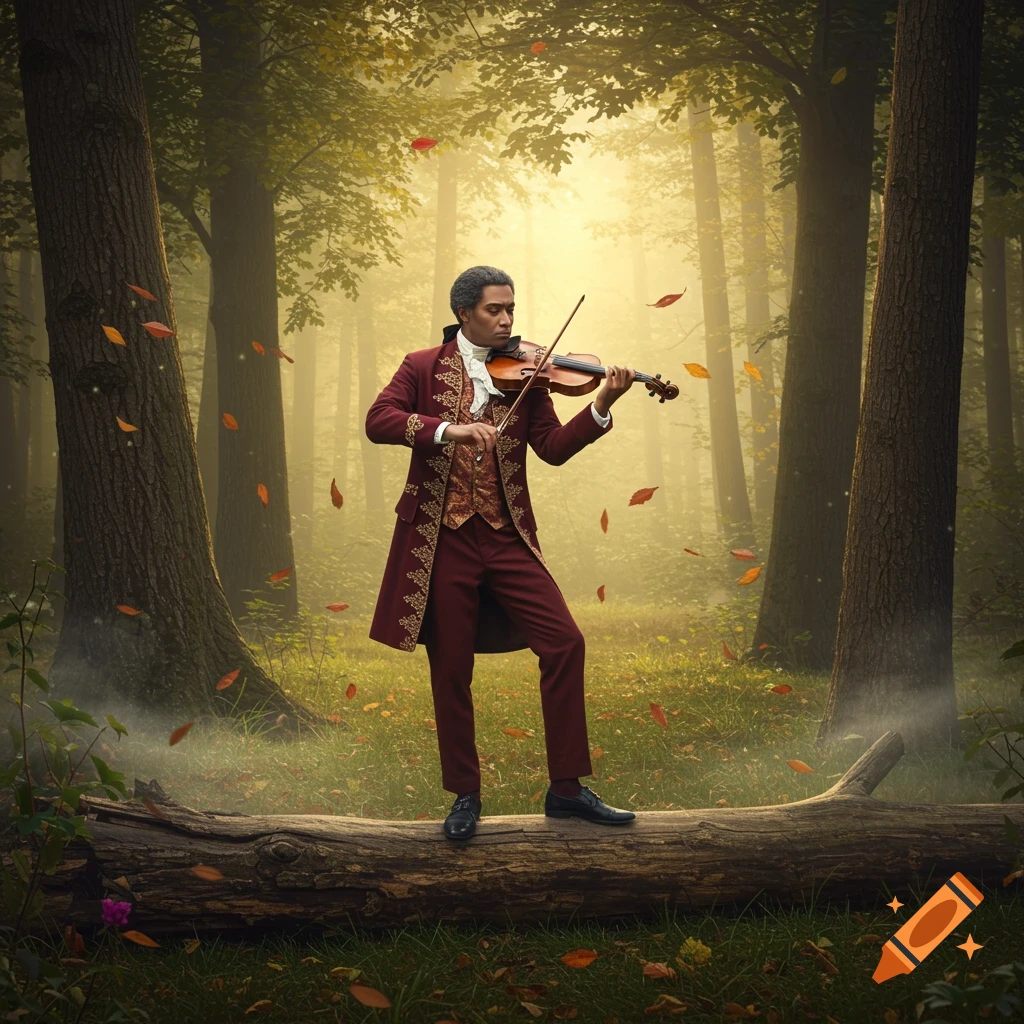 A man in a historical red and gold coat plays a violin while standing on a fallen log in a misty, sunlit forest with autumn leaves falling.