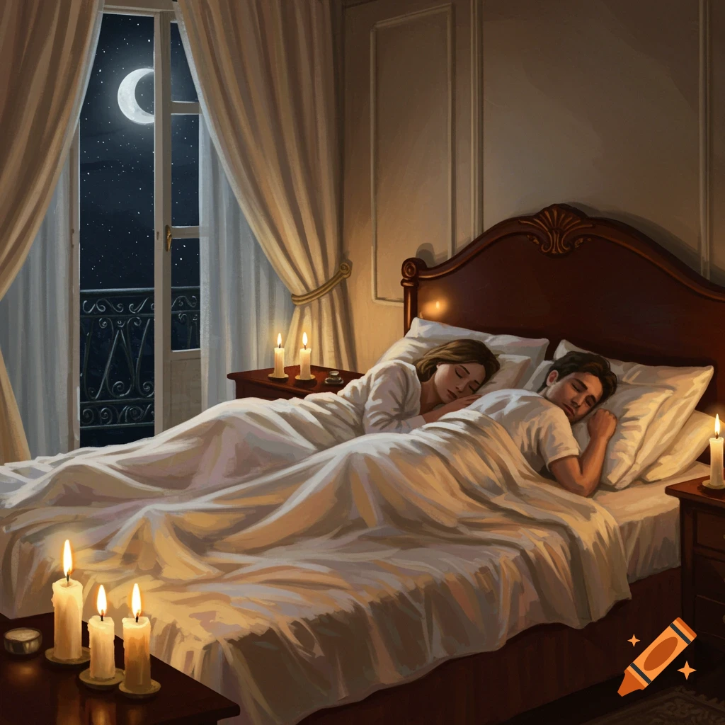 A man and woman sleep soundly in a cozy, candle-lit bedroom at night, with moonlight shining through the window.