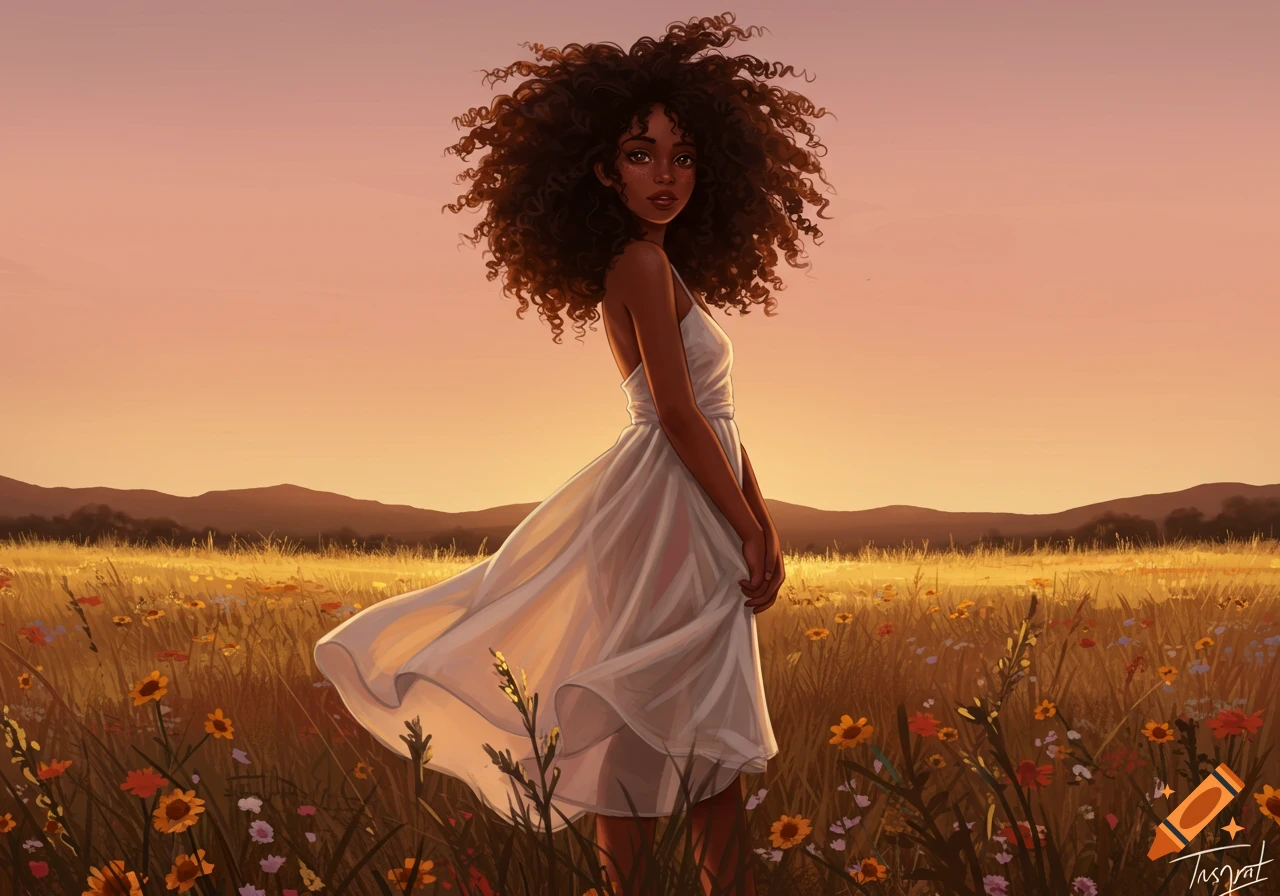 Illustration of a young woman with voluminous curly hair in a white dress, standing in a golden field at sunset.