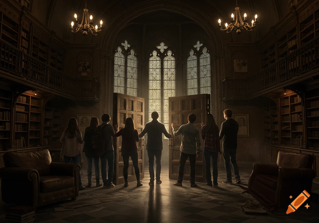 Students with their backs to the viewer in a grand gothic library, holding open large doors revealing bright light.