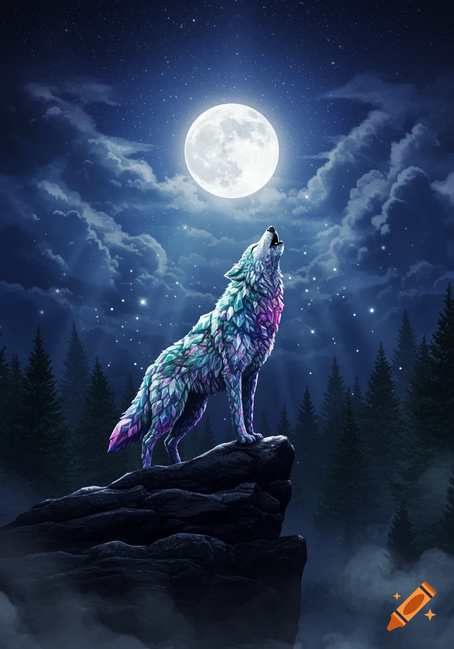 A vibrant gemstone wolf howls at a large full moon from a dark rocky cliff, with a starry night sky and pine trees in the background.