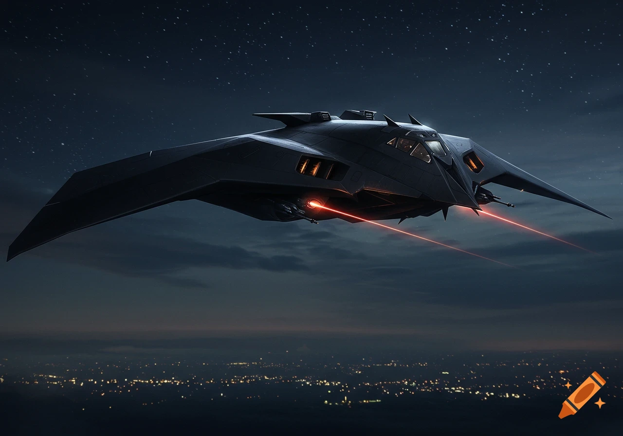 A futuristic matte black aircraft, resembling a Bat-bomber, flies at night above a city, firing red laser beams.