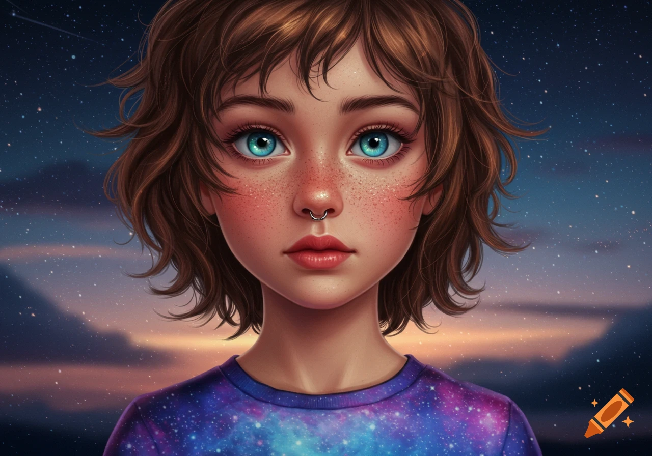 A close-up digital art portrait of a girl with short brown hair, blue eyes, freckles, a nose ring, and a galaxy-print shirt, against a starry sky.