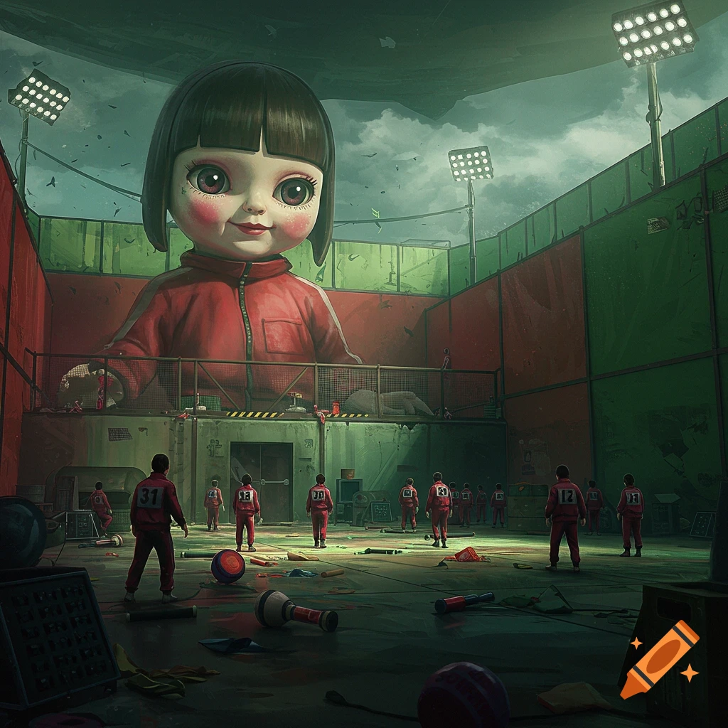 A giant doll from Squid Game overlooks players in numbered tracksuits in a dark, debris-strewn arena under stadium lights.