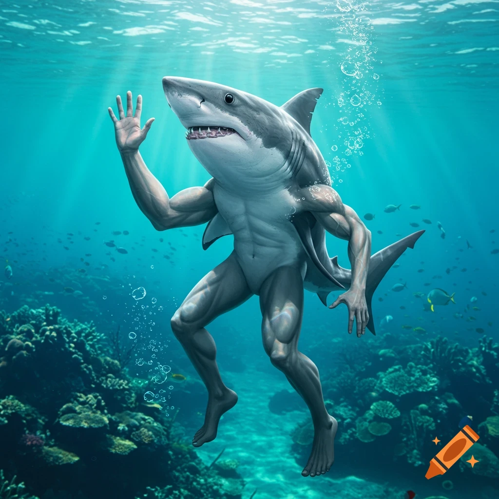 A muscular shark-human hybrid waves underwater among coral, digital art.