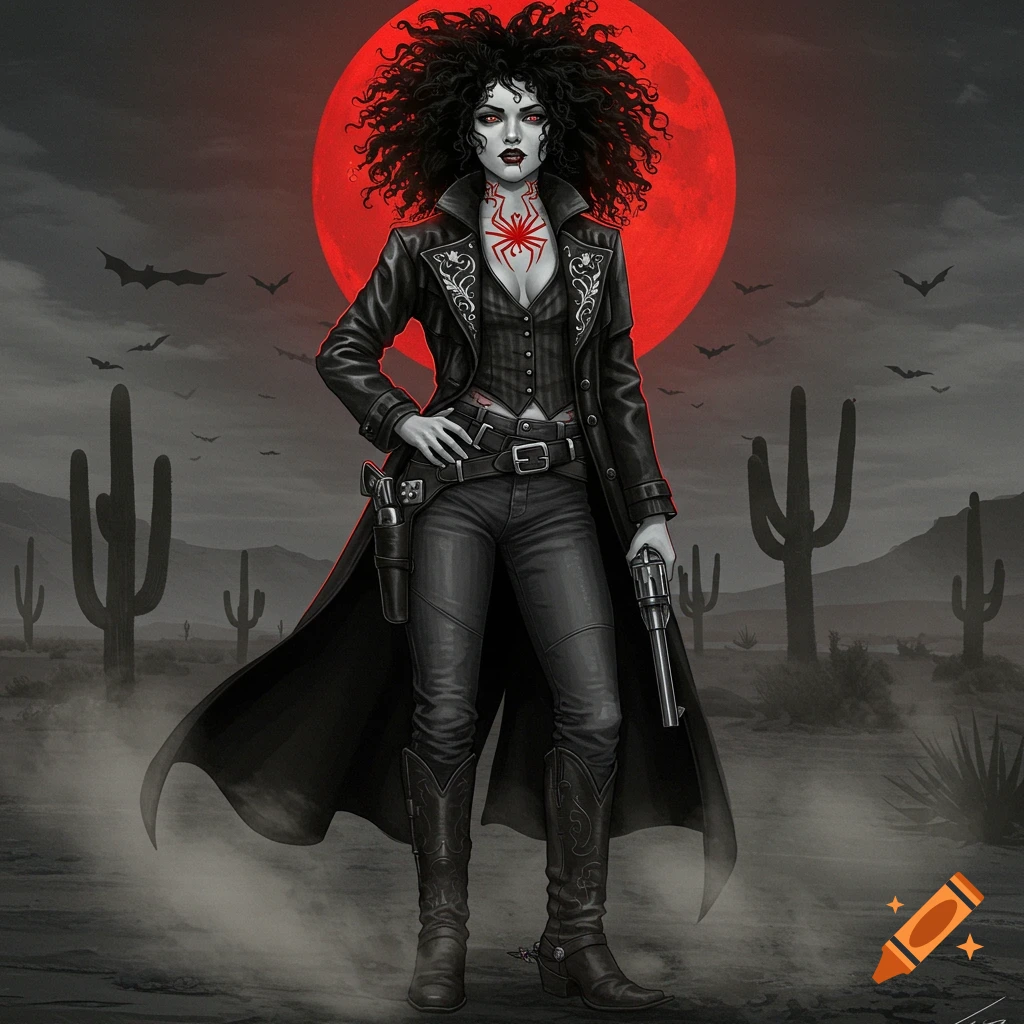 A dark fantasy illustration of a vampire cowgirl with curly hair and a red spider tattoo, standing in a desert landscape with saguaro cacti and a large red moon.