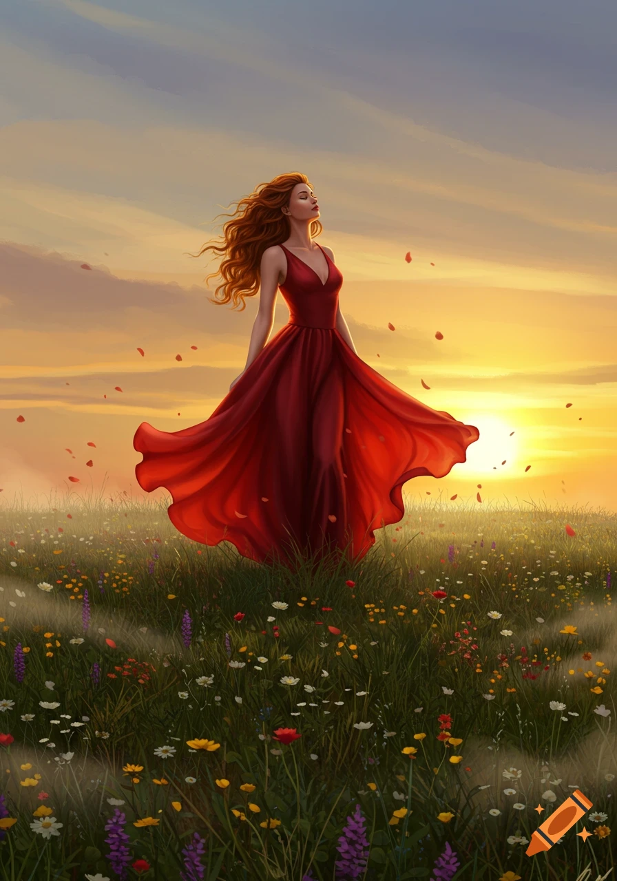 Woman in flowing red dress stands in a wildflower field at sunset with falling petals.