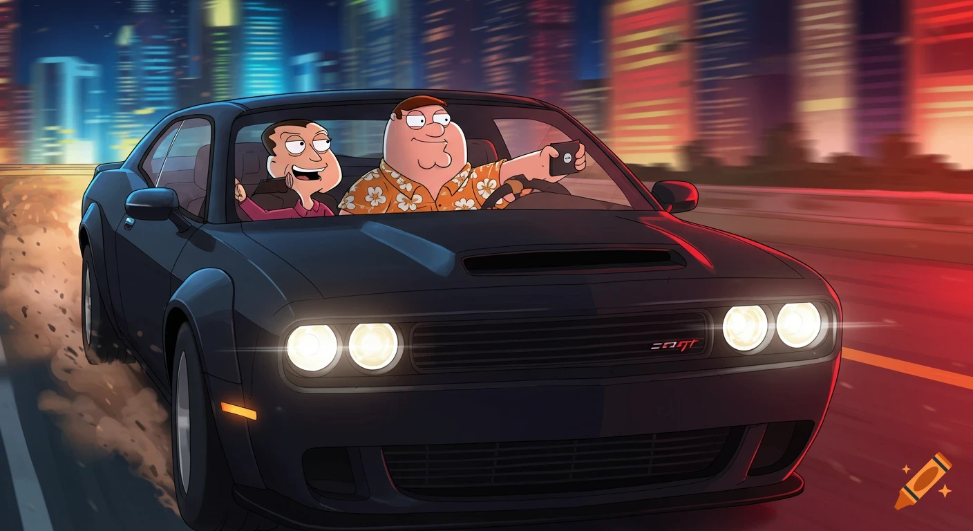 Peter Griffin drives a black Dodge Challenger Hellcat at night, with Quagmire in the passenger seat recording a video.
