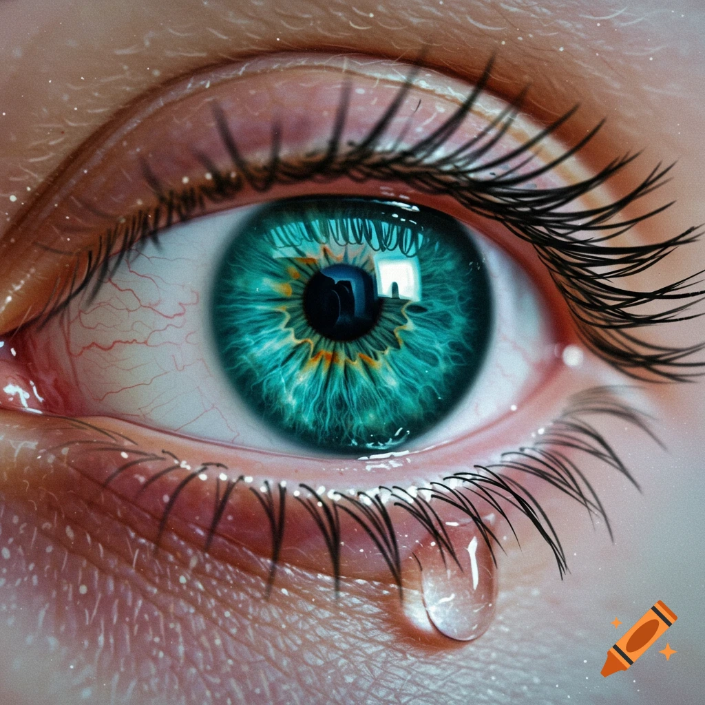 A photorealistic close-up of a human eye with a bright teal iris and a tear falling from the lower lid.