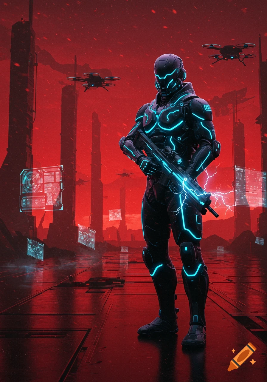 A futuristic soldier in black armor with glowing blue lights holds a rifle, standing in a red-toned dystopian city with drones and holographic screens.