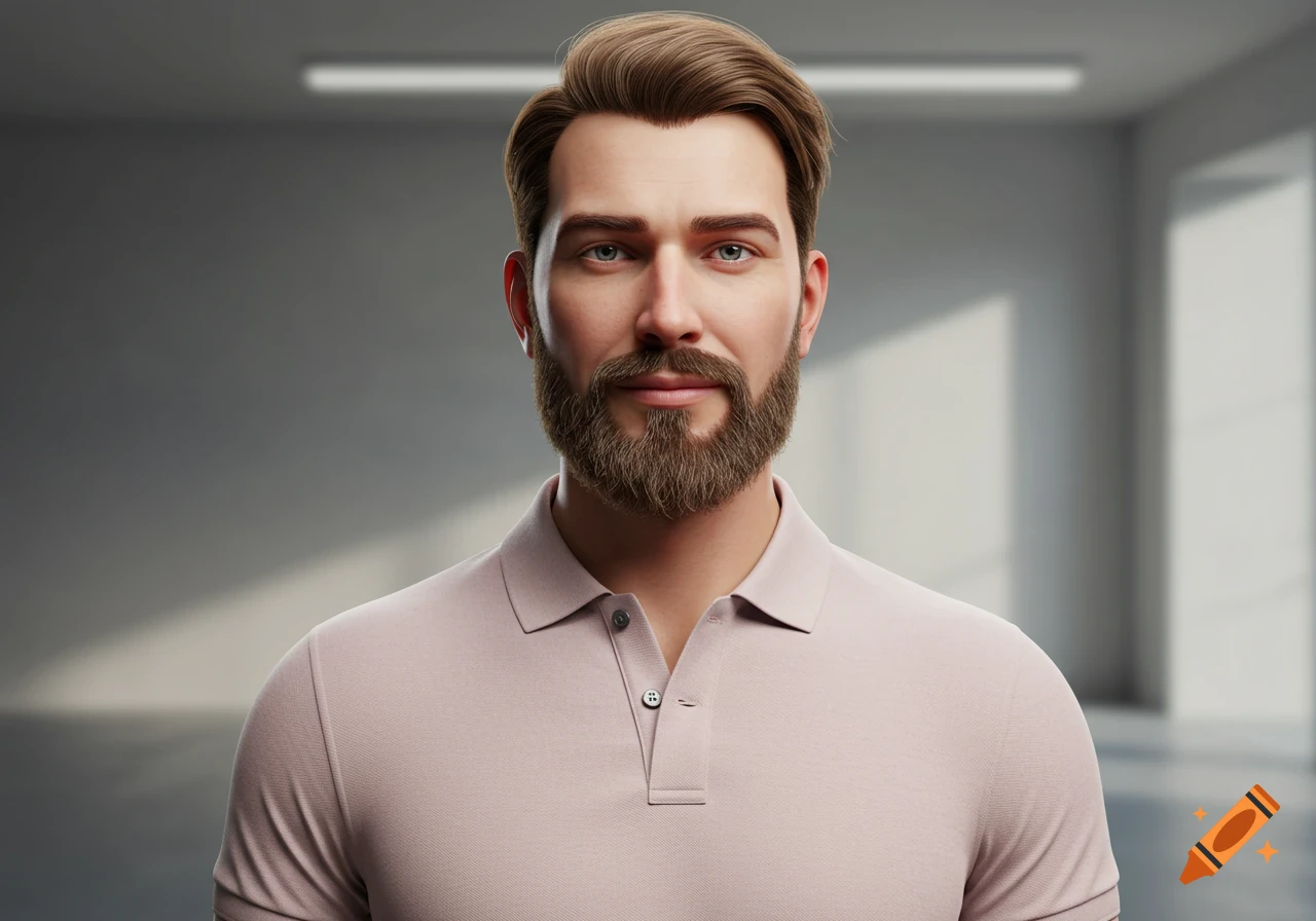 A 3D render of a white man with a beard and light brown hair, wearing a light pink polo shirt, looking forward.