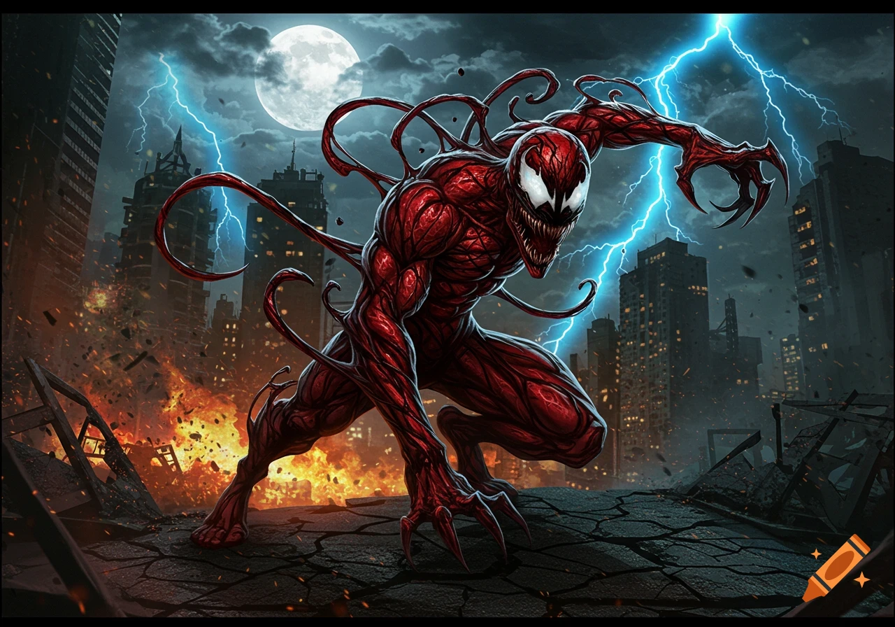 A monstrous red symbiote creature, Carnage, crouches in a destroyed cityscape with lightning striking and fires burning under a full moon, in a comic art style.