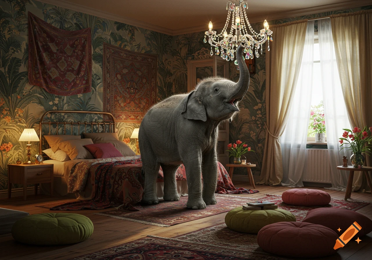 A photorealistic image of a large elephant standing in a bedroom, its trunk raised towards a grand chandelier.