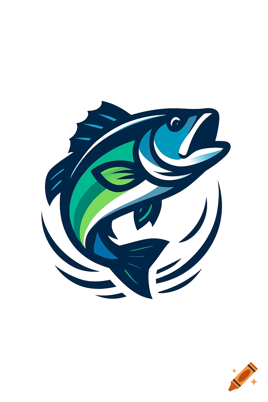 A stylized logo of a jumping bass fish in shades of blue and green, surrounded by abstract swirl lines.