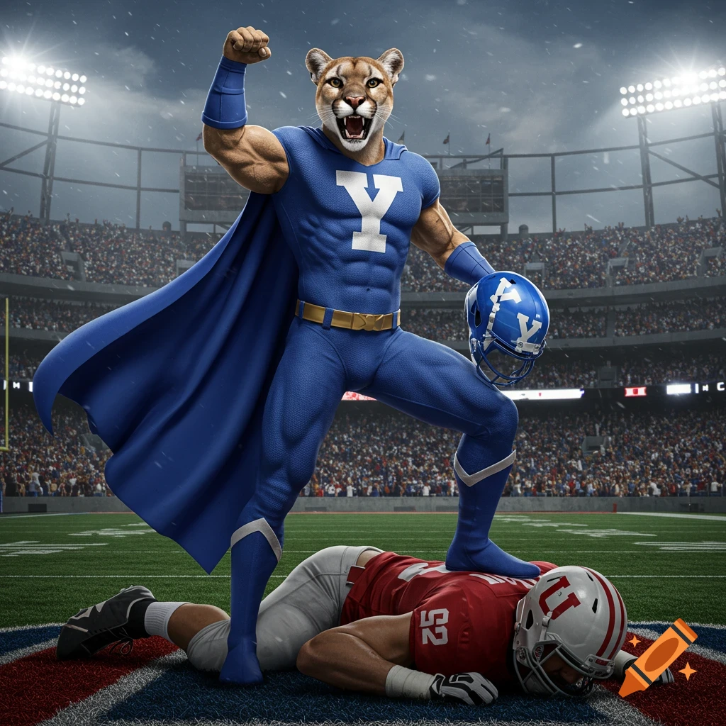 A photorealistic image of a muscular cougar mascot in a blue superhero suit standing victorious over a defeated football player on a stadium field.