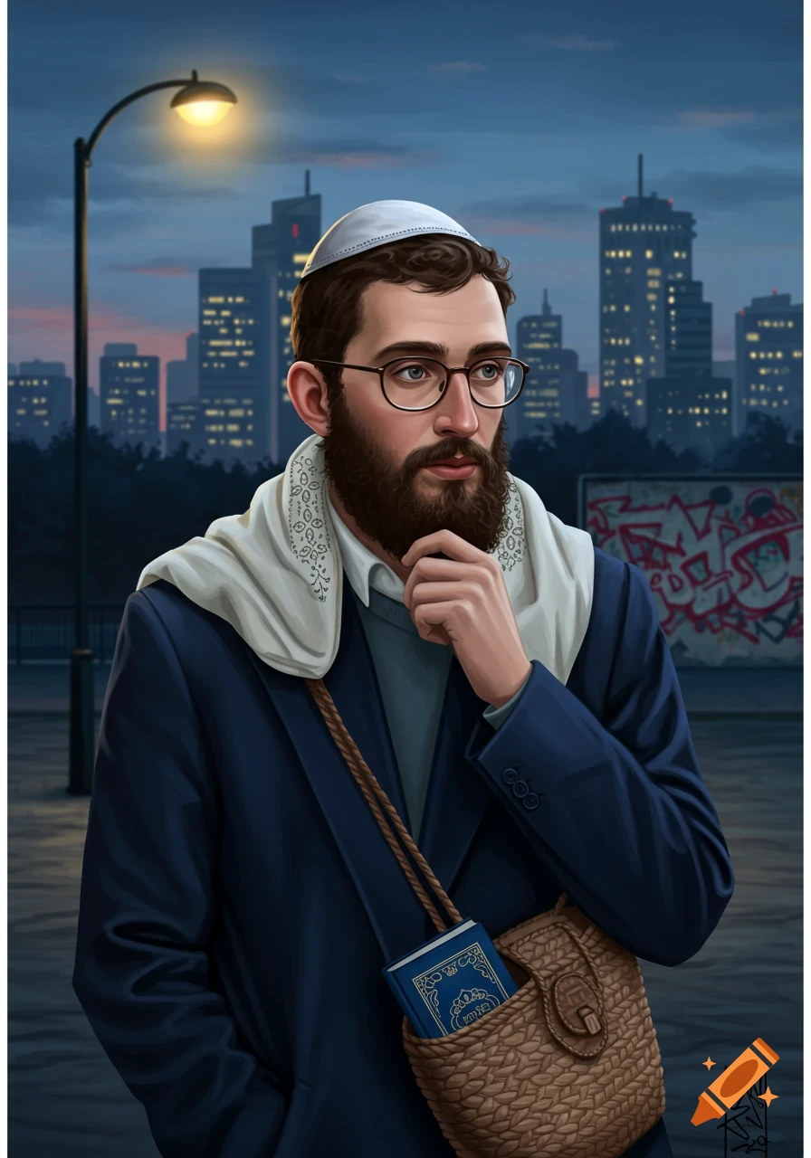 An illustrated portrait of a bearded man wearing a kippah and tallit, standing in a city at dusk.