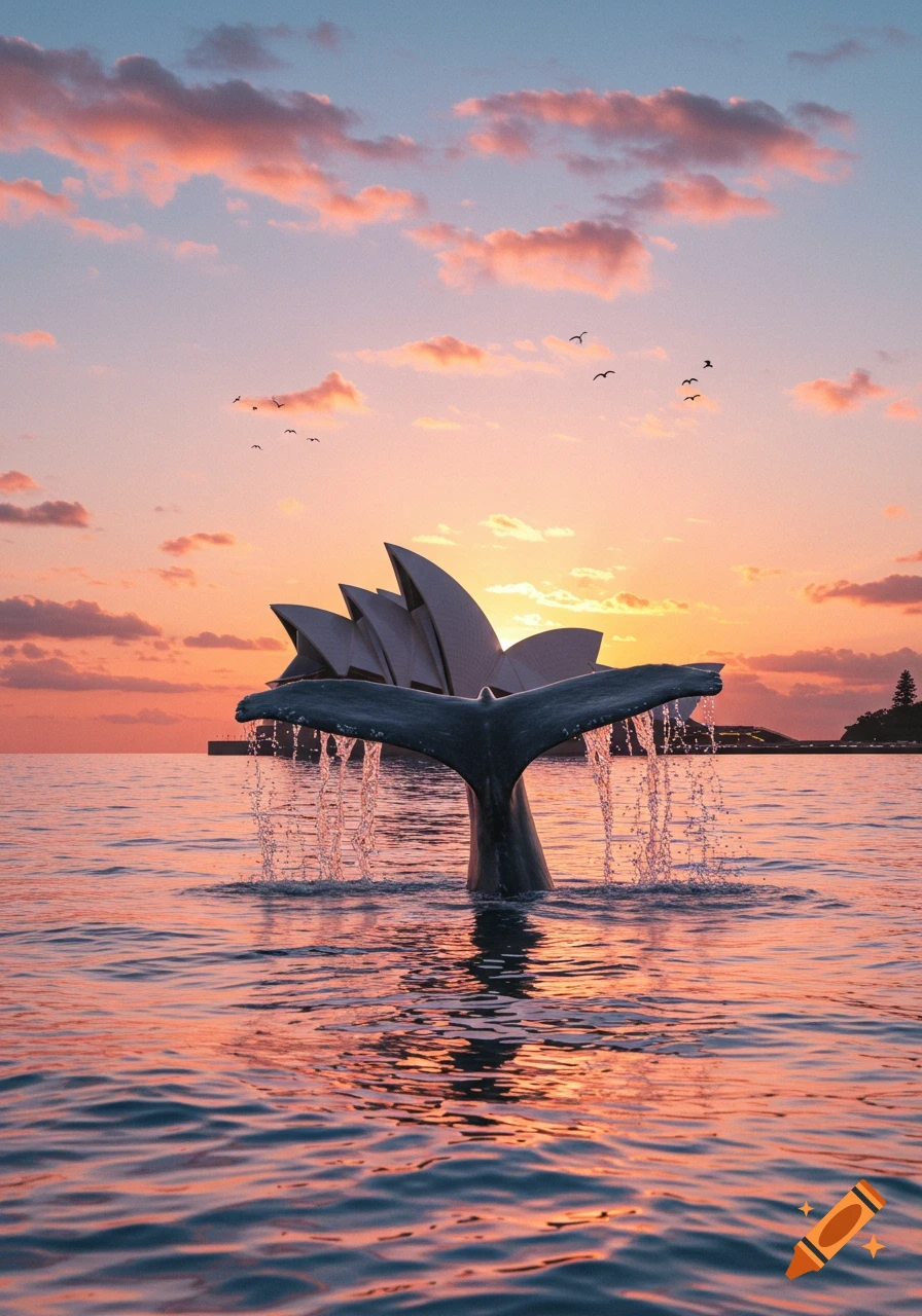 A whale's tail emerges from the water in front of the Sydney Opera House at sunset with pink clouds.