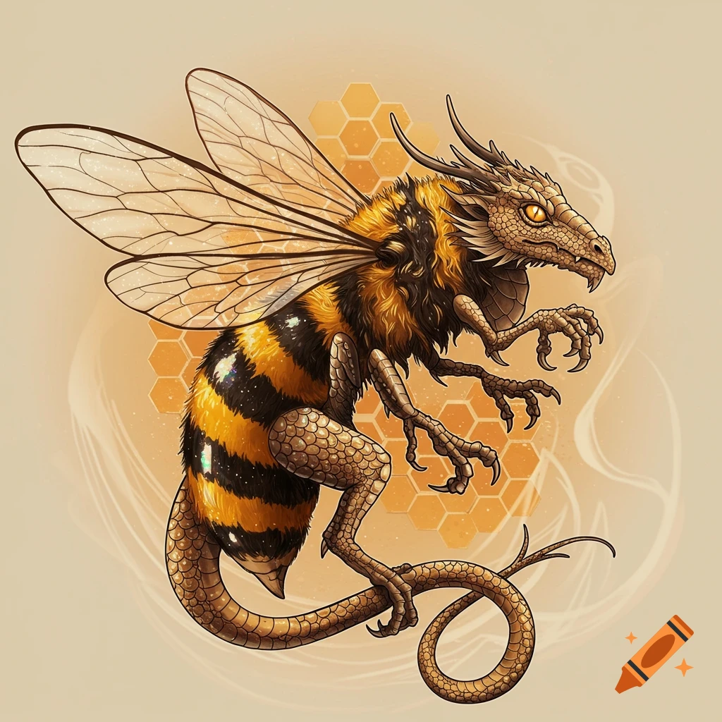 A detailed illustration of a bee-dragon hybrid creature with a scaled dragon head and legs, furry bee body, and translucent bee wings, against a honeycomb background.