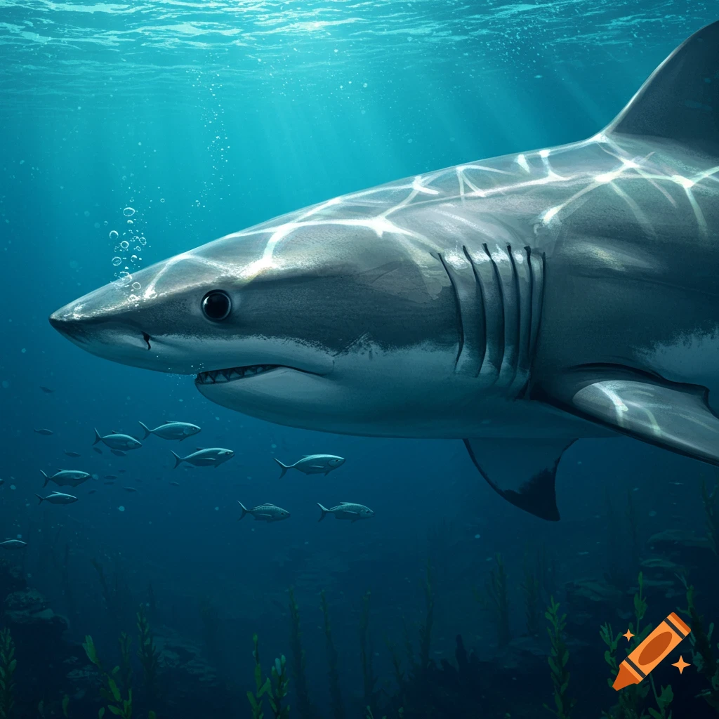 A great white shark swims underwater, with sunlight dappling its back and smaller fish nearby.