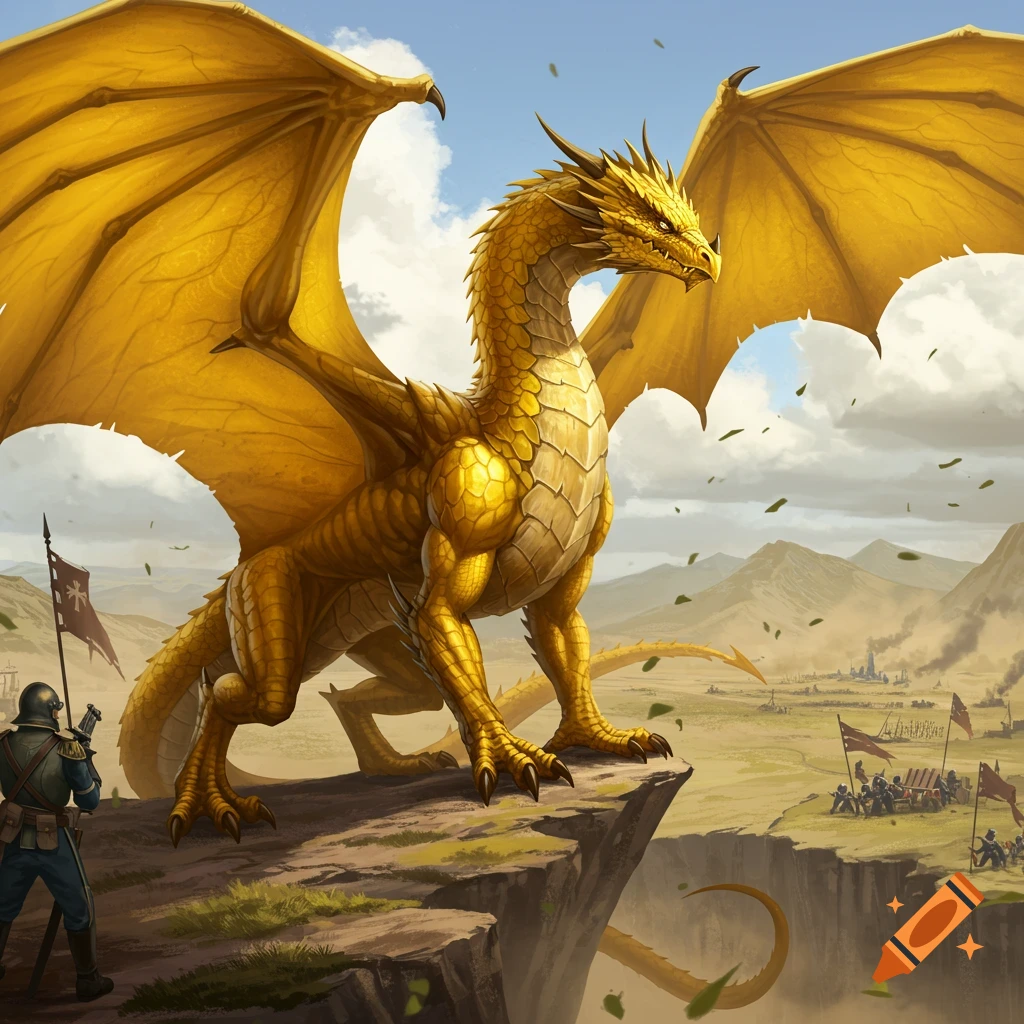 A colossal golden dragon stands on a cliff overlooking a desert battlefield with soldiers and flags below, in a detailed fantasy illustration.