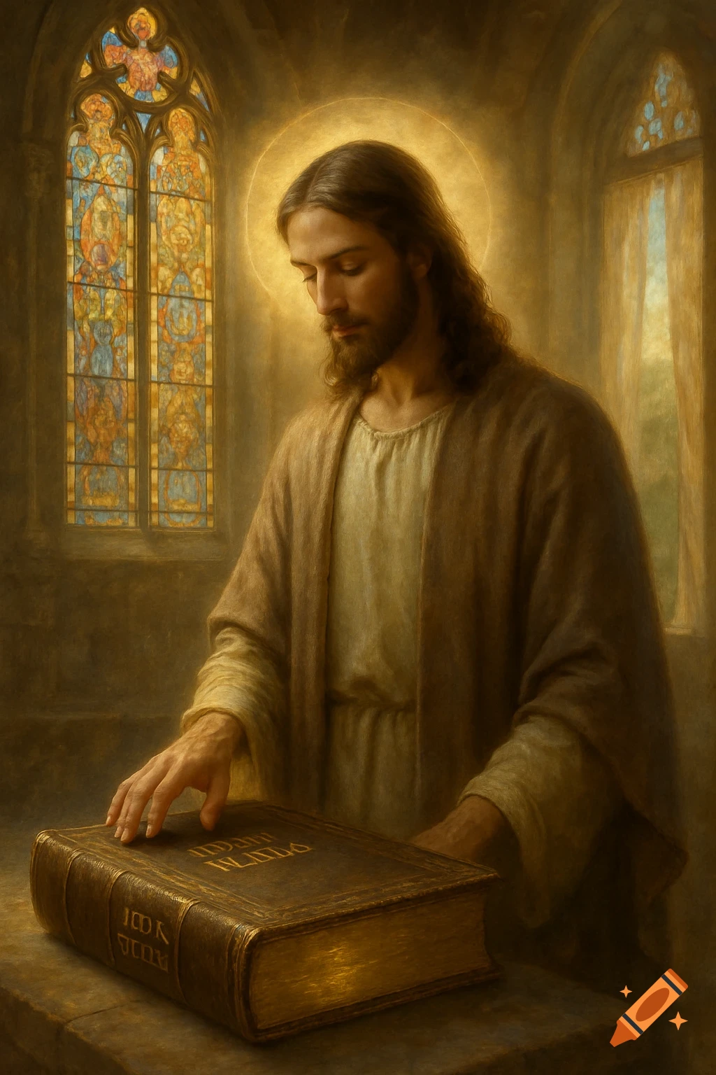 A classical painting depicts Jesus with a halo, looking down at a large, ornate book with his hand resting on it, beside a stained-glass window.