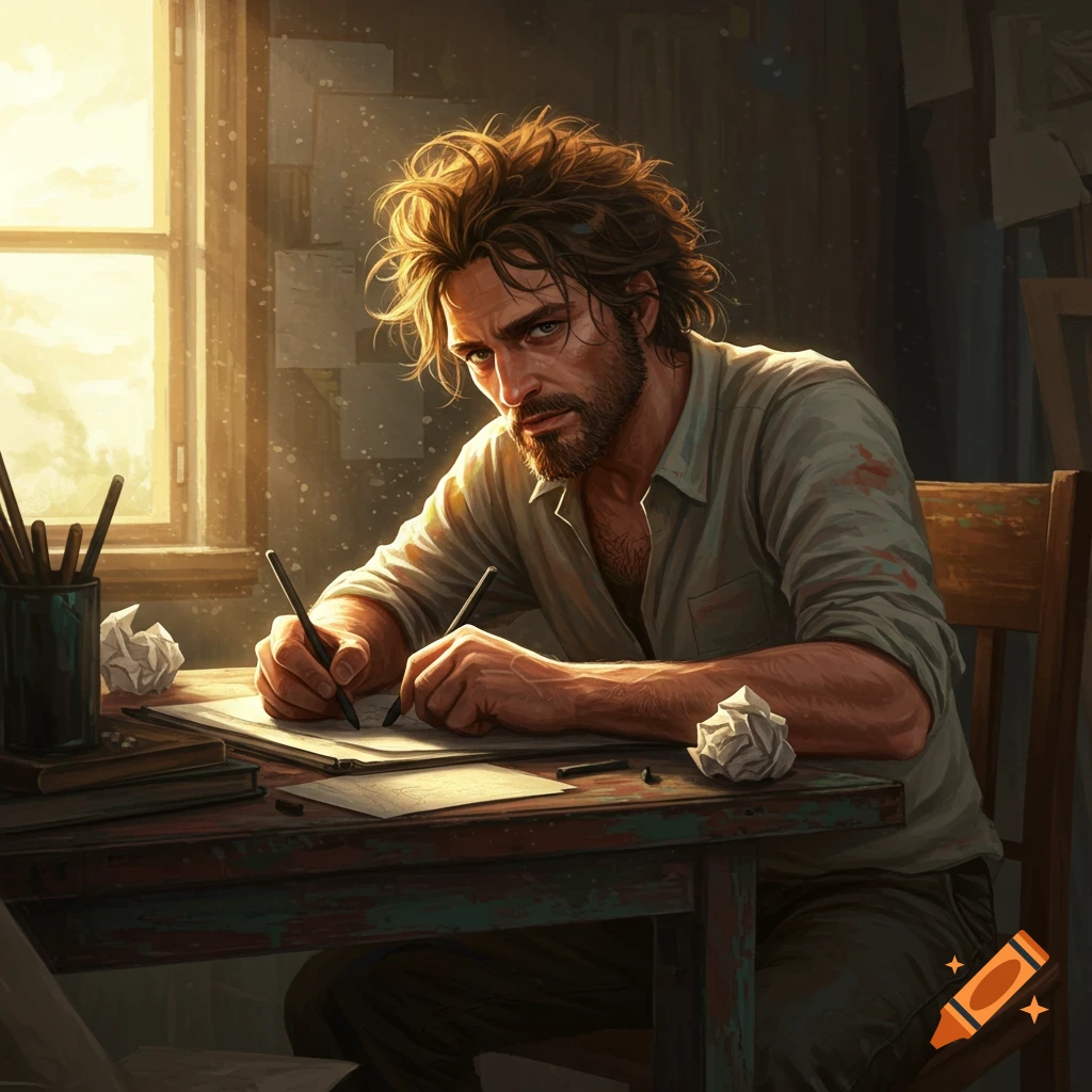 A man with messy hair and a beard sits at a table, intensely sketching on paper by a sunlit window.