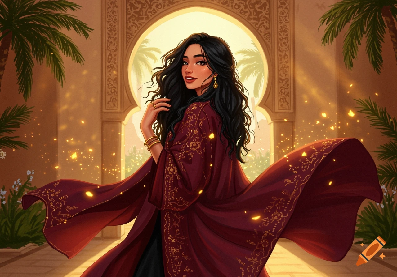 An illustrative portrait of an Arabian woman with dark hair in a flowing red and gold robe, standing in an arched doorway with palm trees and golden light.