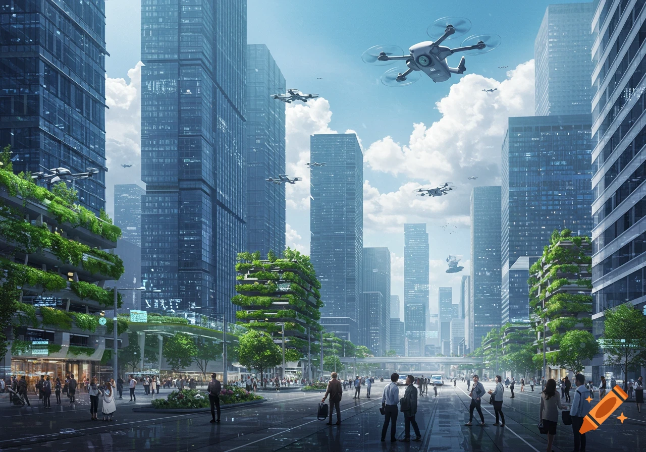 Photorealistic view of a futuristic city with tall glass buildings, integrated green spaces, people on the street, and drones flying overhead.