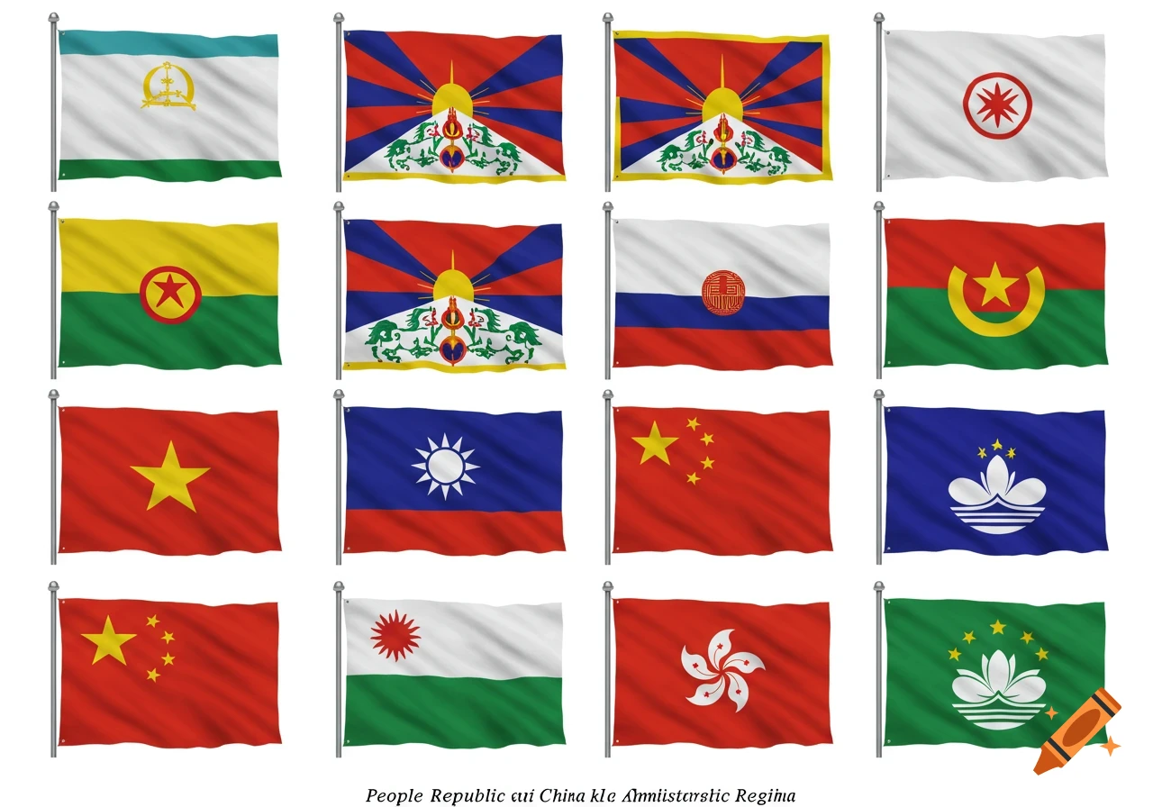 A grid of 16 different flags, including the flags of China, Taiwan, Tibet, Xinjiang, and Hong Kong, on flagpoles against a white background.