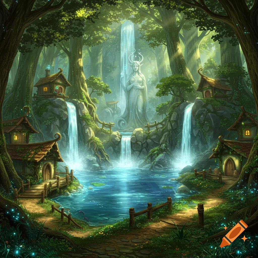 A high fantasy settlement in an enchanted forest with waterfalls, a blue lagoon, and a tall statue of a goddess.