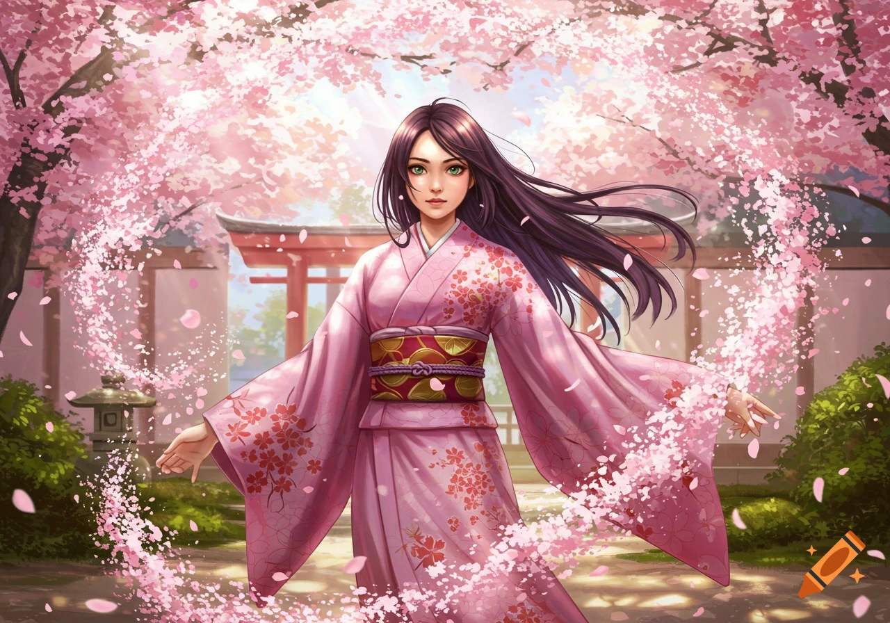 A young woman with long dark hair wearing a pink kimono stands in a Japanese garden surrounded by falling cherry blossoms.