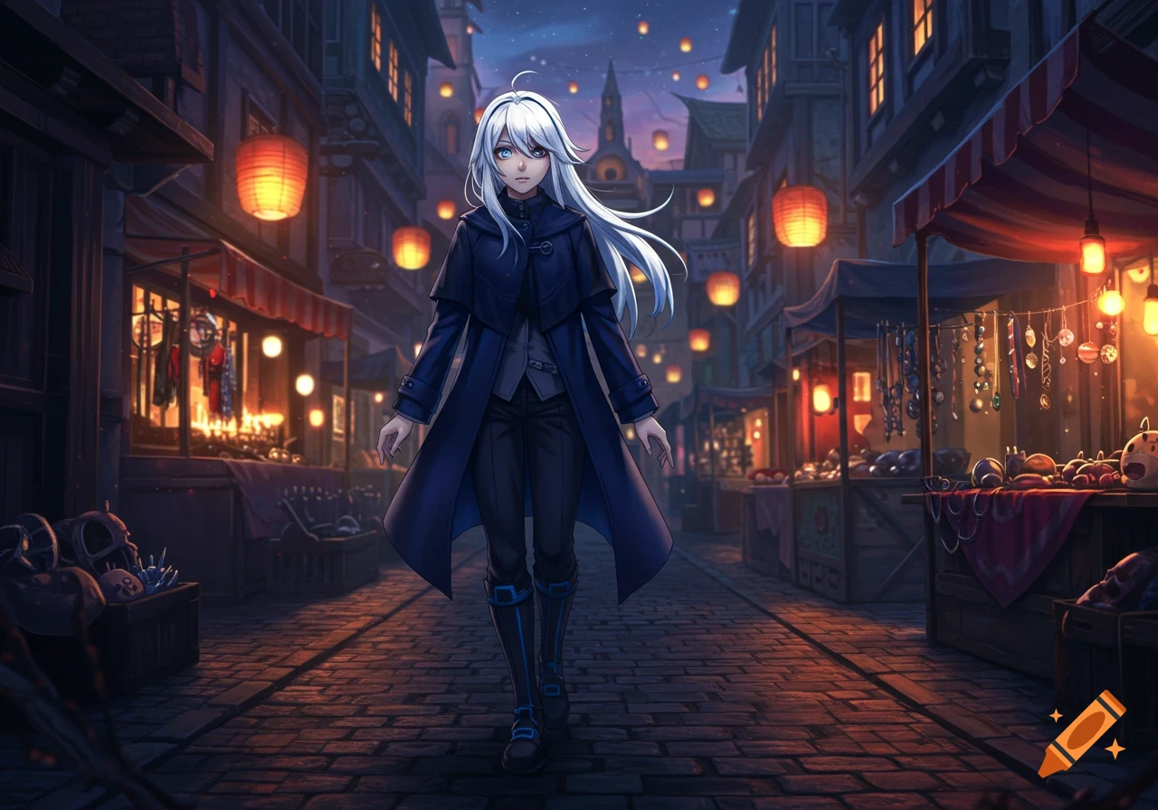An anime woman with long white hair and heterochromatic eyes walks through a vibrant fantasy market street at dusk, illuminated by glowing lanterns.