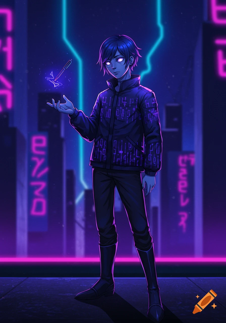 Anime-style character with glowing eyes levitating a pen in a neon-lit cyberpunk city.