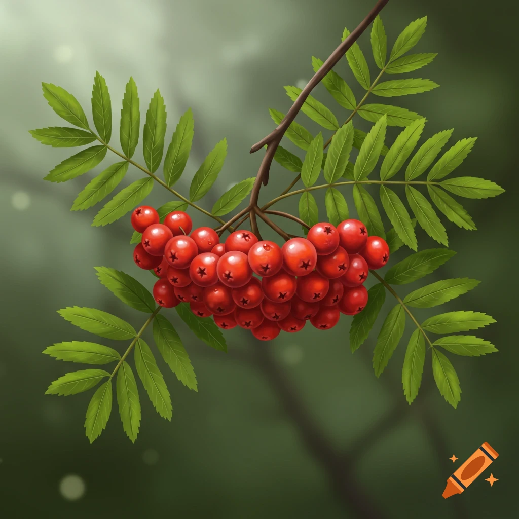 A cluster of vibrant red rowanberries hangs from a branch with green leaves, set against a blurred green background.