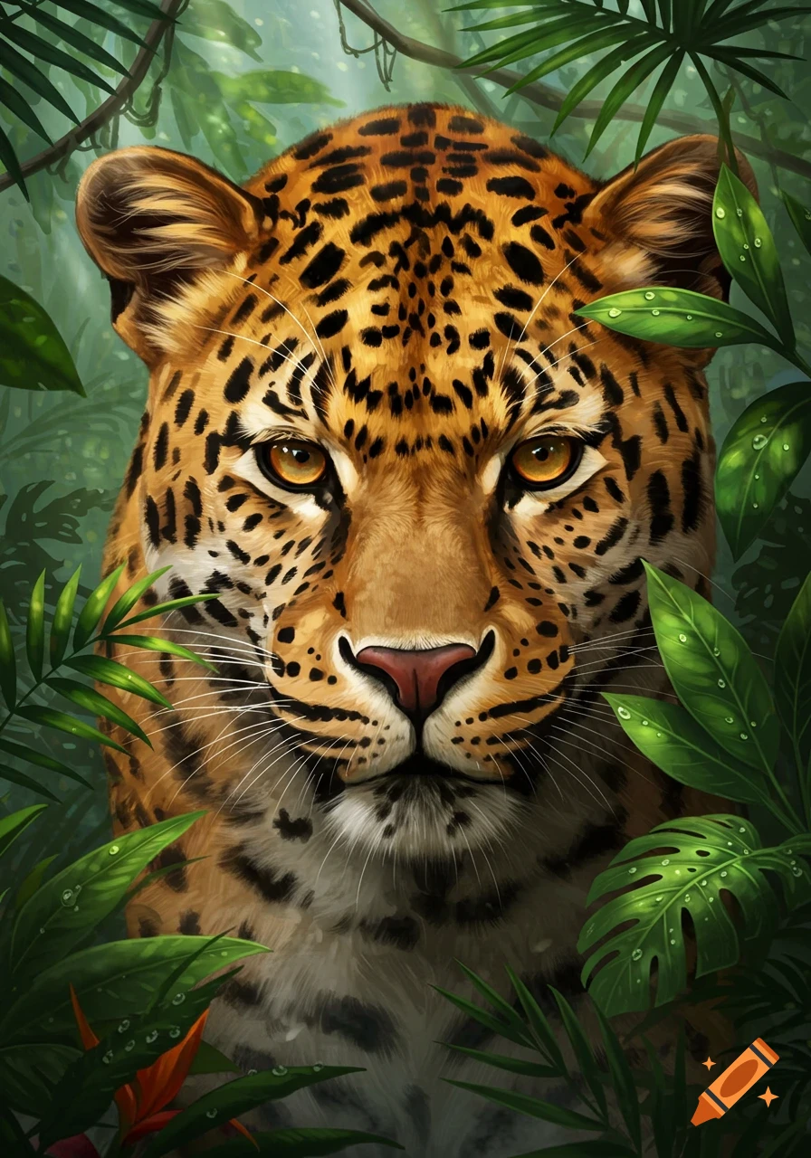 A close-up illustration of a leopard's face peering out from lush green jungle foliage.