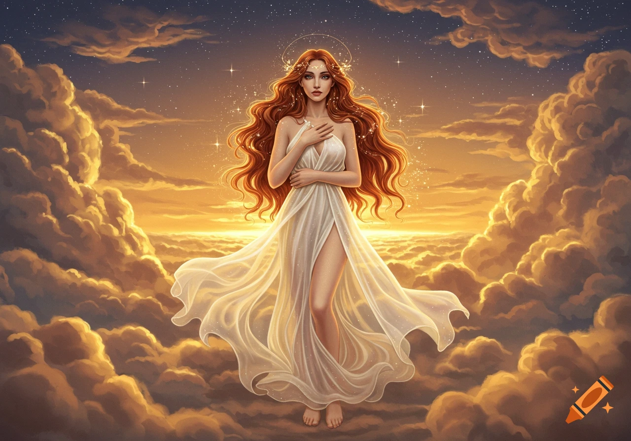A woman with long red hair and a white flowing dress stands among golden clouds and stars at sunset, with a halo above her head.