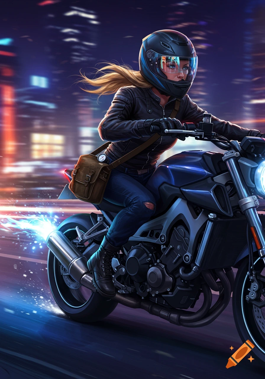 Digital illustration of a female biker in a helmet and leather jacket riding a blue motorcycle through a vibrant city at night.