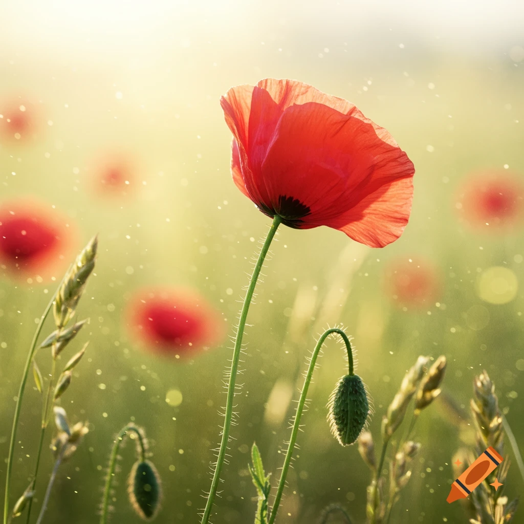 A close-up of a vibrant red poppy in a sunny field with blurred green foliage and other poppies, featuring bokeh lights.