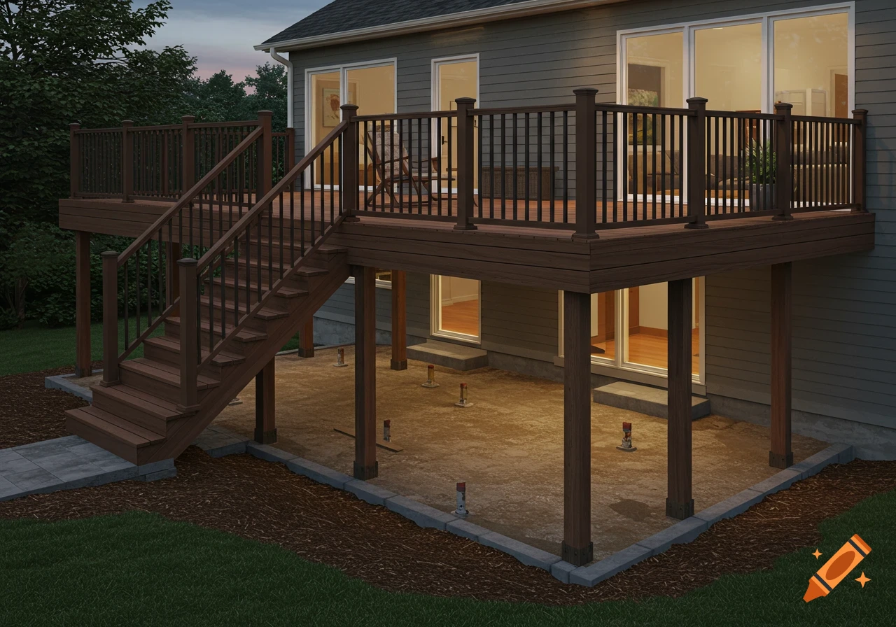 A brown elevated composite deck with a staircase connected to a house, overlooking a ground-level patio area at dusk.