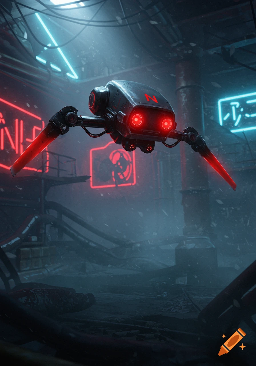 A dark robotic drone with glowing red eyes and red-bladed arms floats in a misty, ruined cyberpunk cityscape with neon signs.
