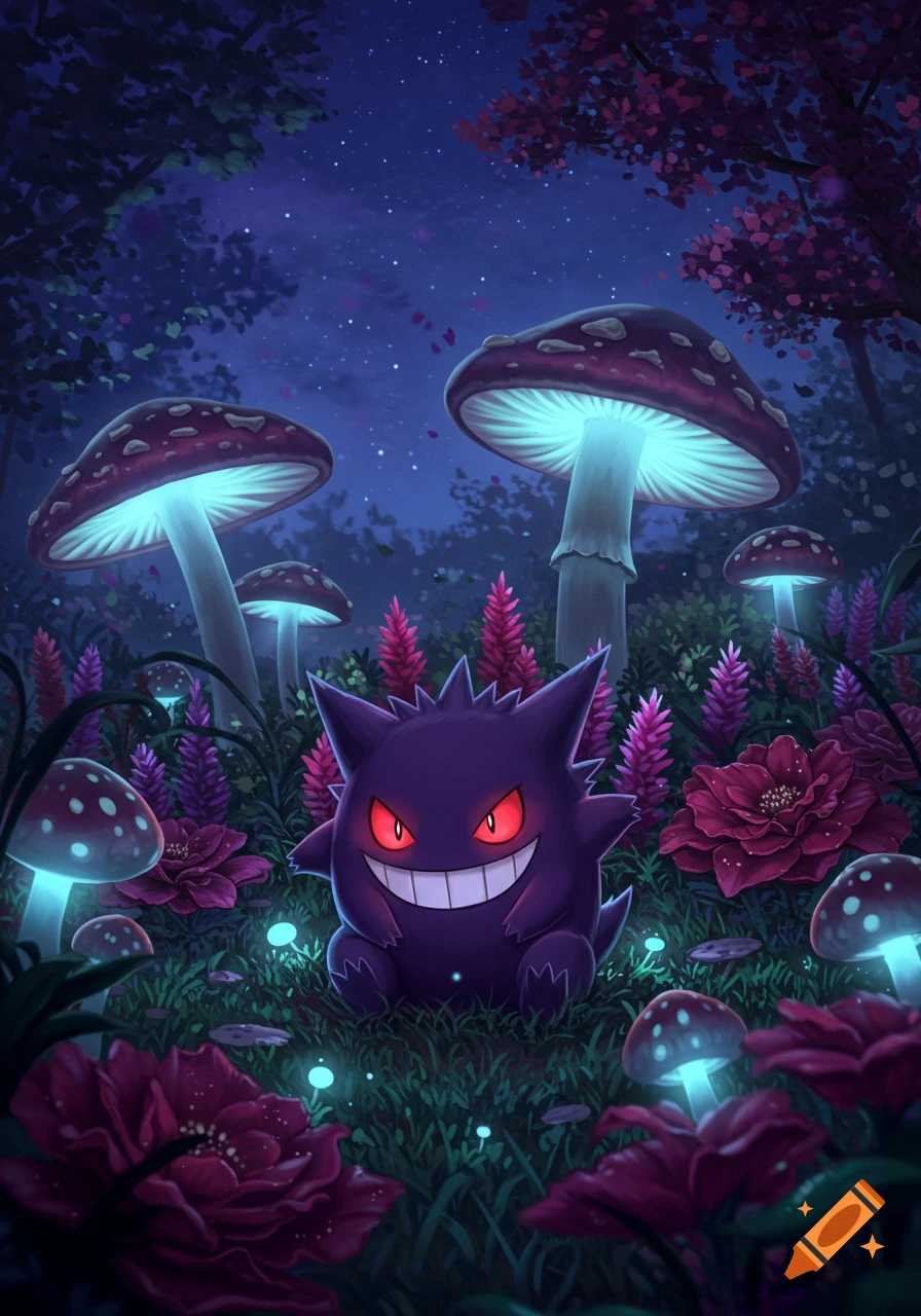 A purple Gengar with red eyes and a wide grin sits in a dark, magical forest surrounded by glowing blue mushrooms and purple flowers.