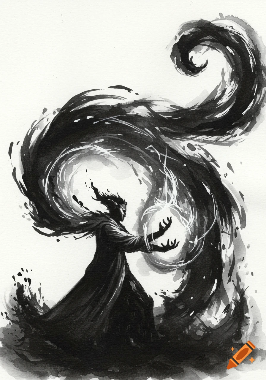 A black watercolor painting of a shadowy spellcaster unleashing swirling dark energy with ethereal light on a white background.