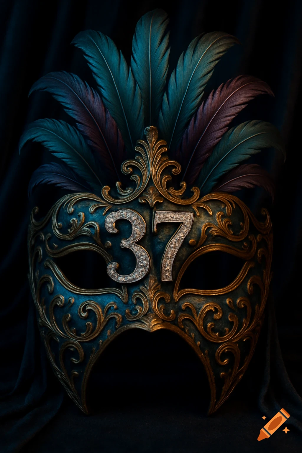 Ornate Venetian mask with teal and purple feathers and diamond '37' on a dark background.