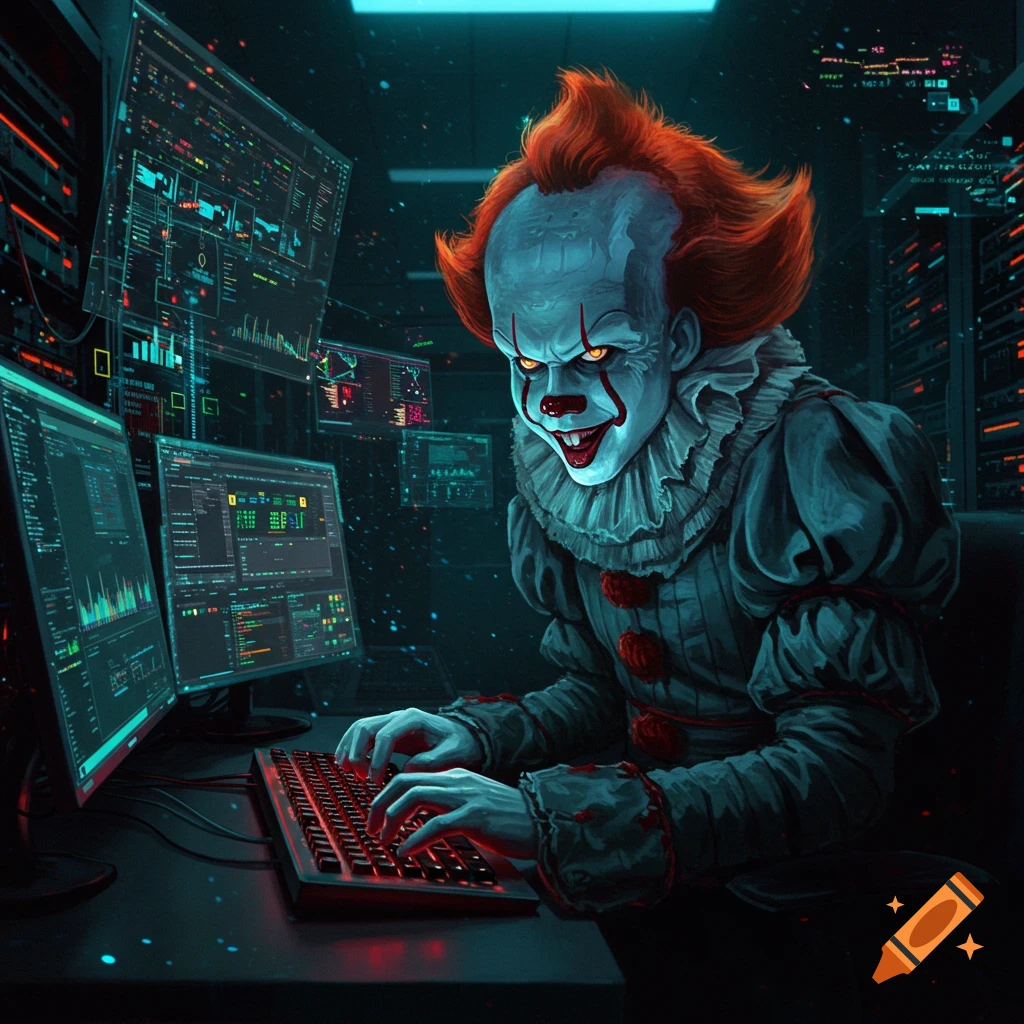 Pennywise the clown as a sysadmin, intensely typing on a glowing red keyboard in a dark server room with multiple screens displaying data.