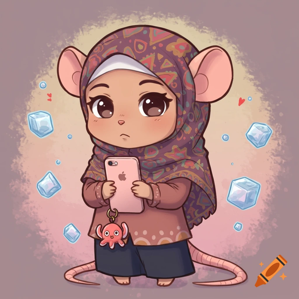 A chibi-style mouse character wearing a patterned hijab and blue pants, holding a pink iPhone with an Octobuddy keychain, surrounded by ice cubes.