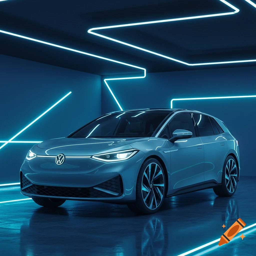 A sleek blue Volkswagen electric car in a futuristic blue room with neon lights.
