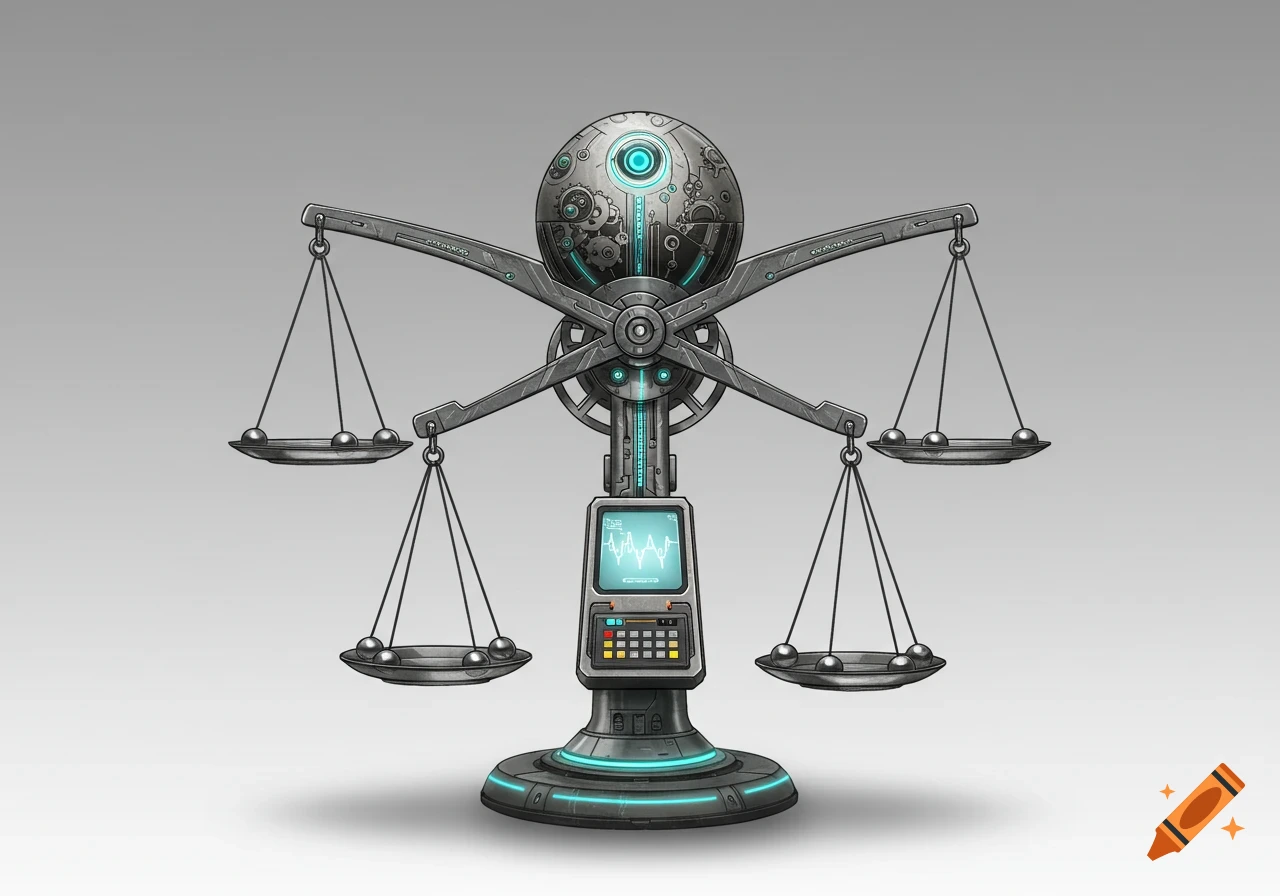 A detailed, futuristic, multi-arm weighing scale with six pans, a central mechanical globe, and a digital display showing a waveform, all on a grey background.