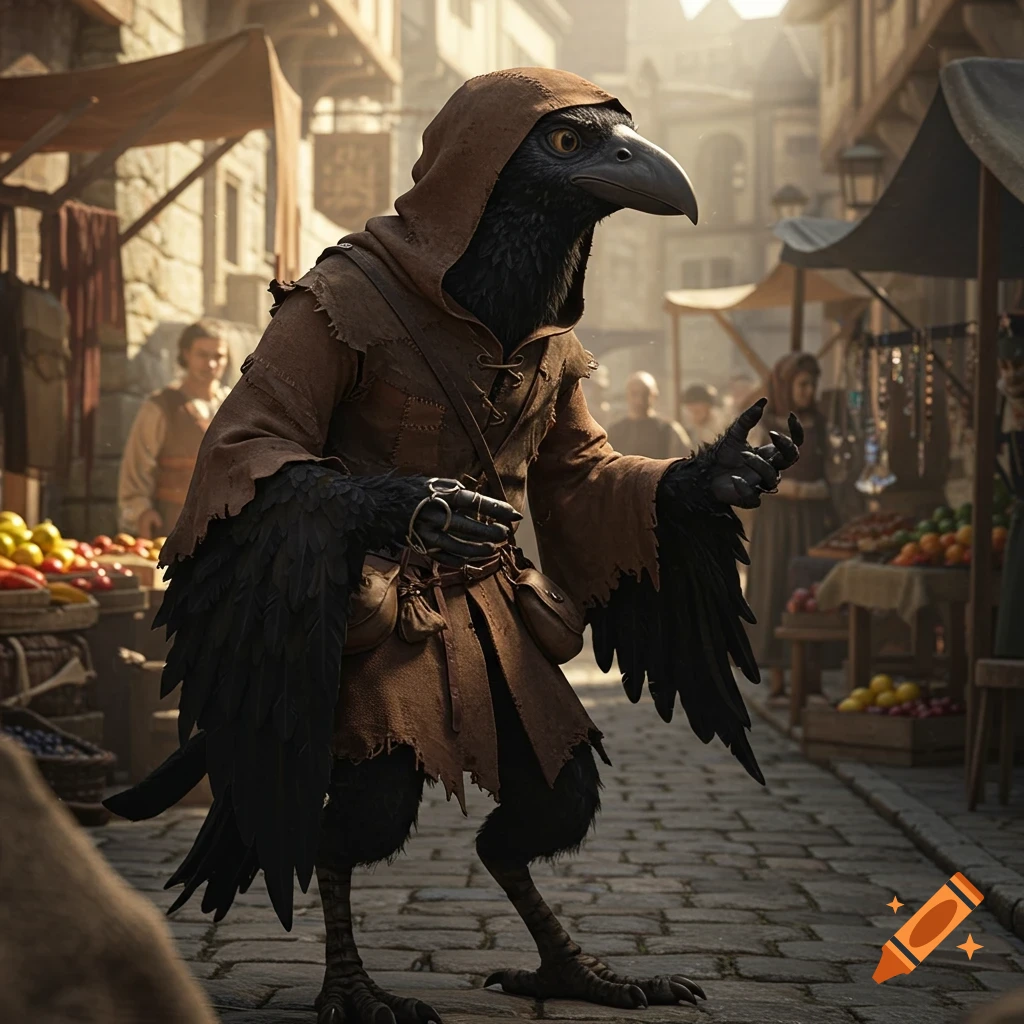 A hooded Kenku, a crow-like humanoid, stands in a bustling medieval market, with stalls and people in the background.