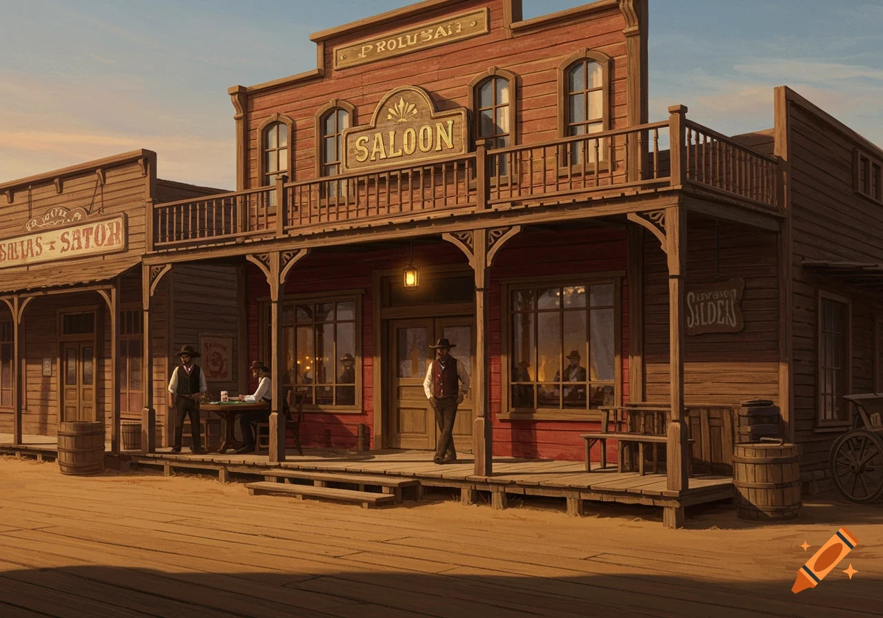 A detailed illustration of an 1870s era wooden saloon and adjacent buildings in a Western town.