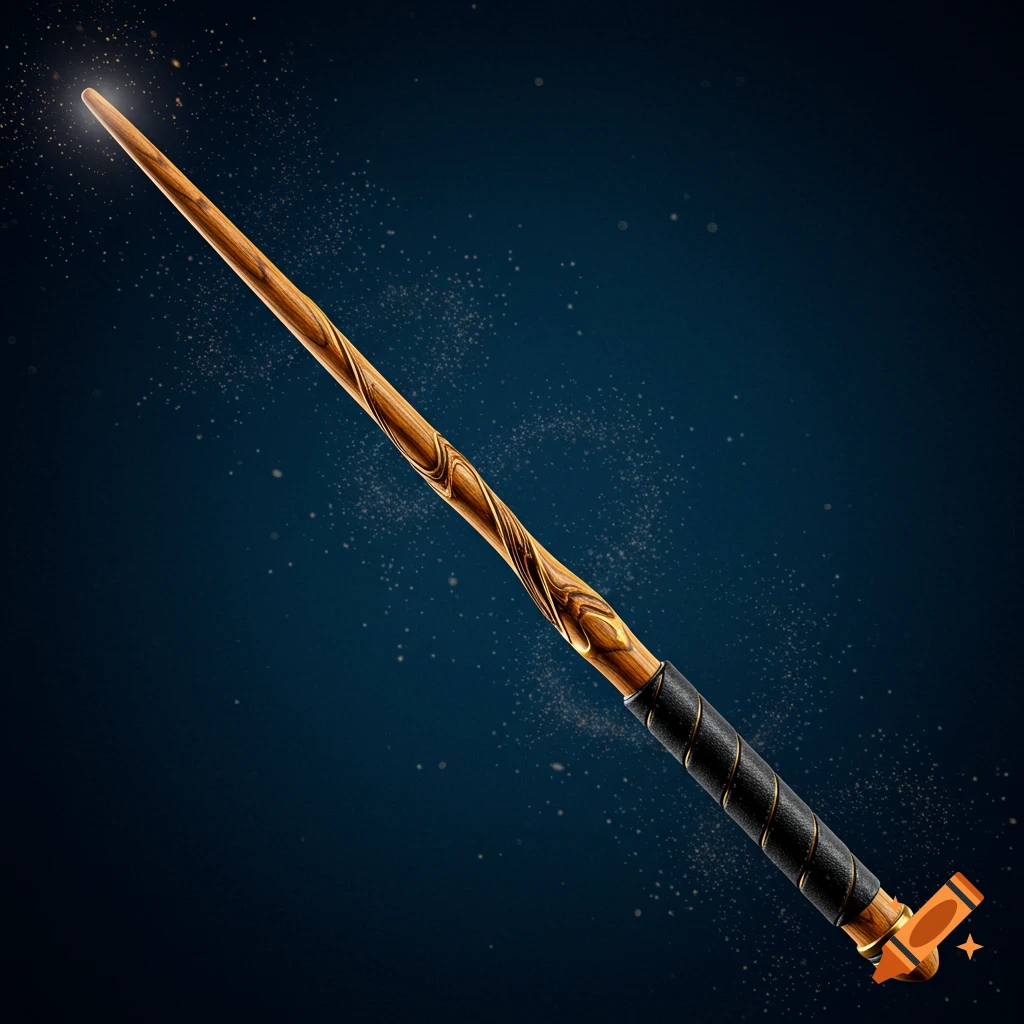 A detailed magical wand made of wood with a dark leather grip, glowing at the tip, against a dark background with sparkling dust.